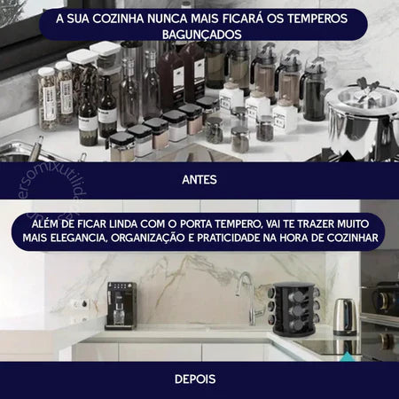 Porta Temperos Giratório Preto com Potes de Vidro