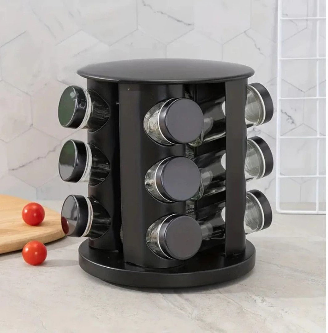 Porta Temperos Giratório Preto com Potes de Vidro