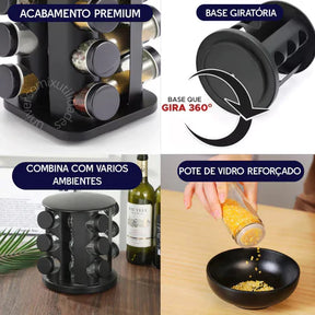 Porta Temperos Giratório Preto com Potes de Vidro
